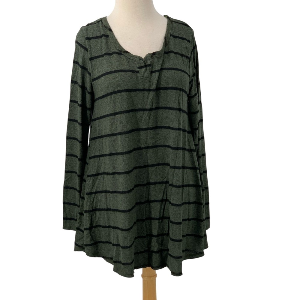 Soft Surroundings Women's Long Sleeve Green/Black Stripe Henley Tunic Top Size L